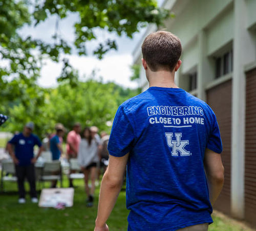 Photo of a student wearing an "engineering close to home" shirt.